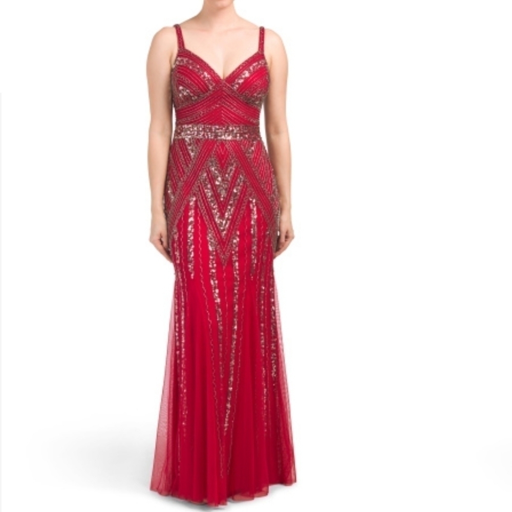 MARINA All Over Sequin V Neck Gown